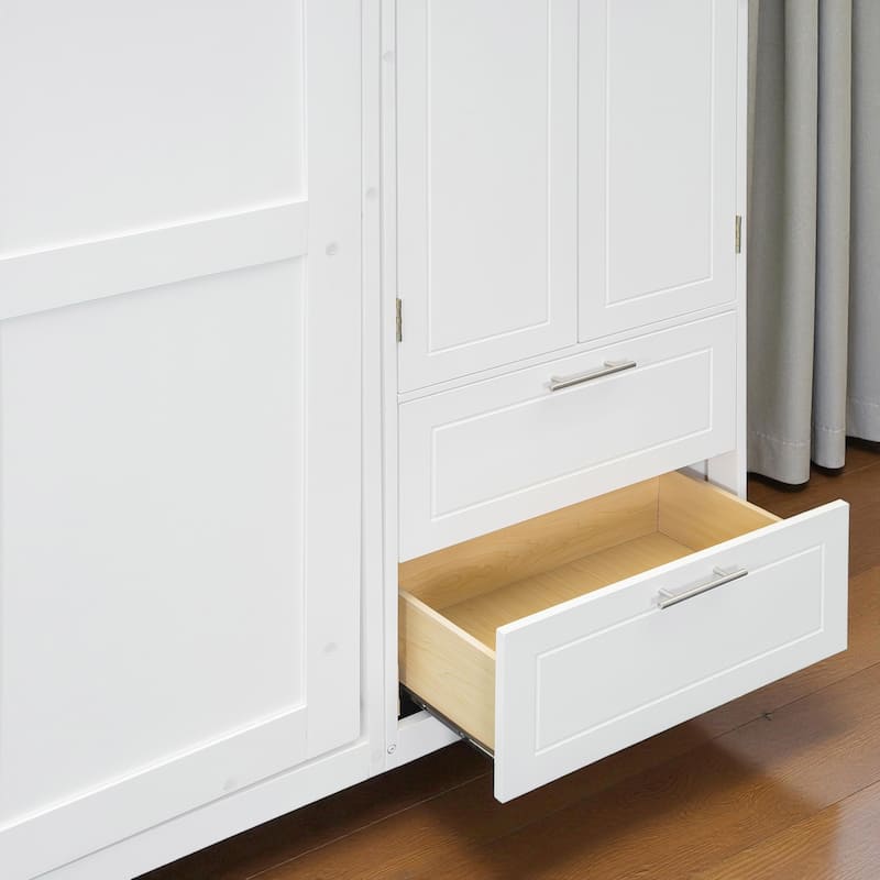 Queen Murphy Wall Bed with Top Cabinets, Shelves & Wardrobe, Space-Saving Foldable Bed with Storage