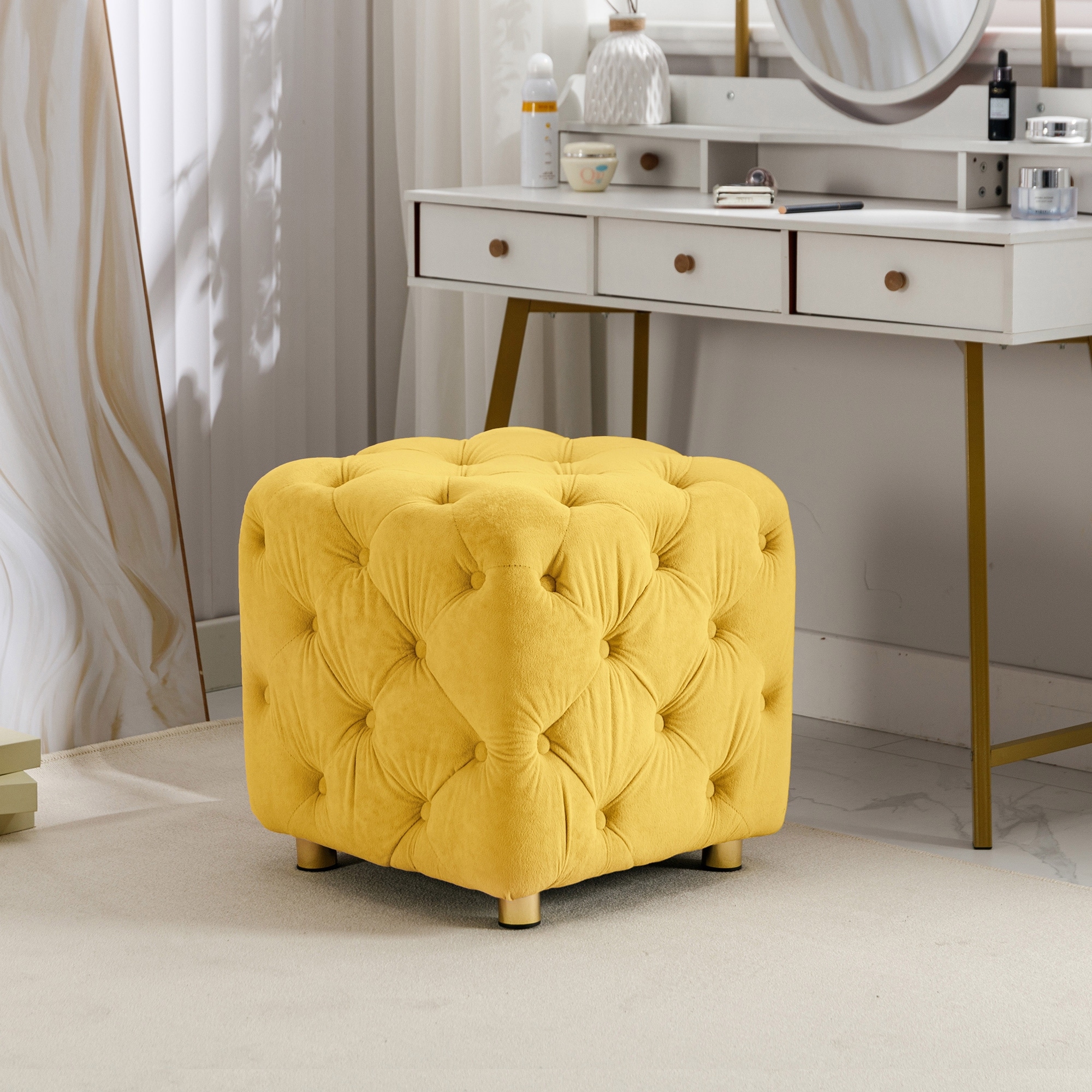 Beige Modern Velvet Upholstered Ottoman, Exquisite Small End Table, Soft Foot Stool,Dressing Makeup Chair, Comfortable Seat for