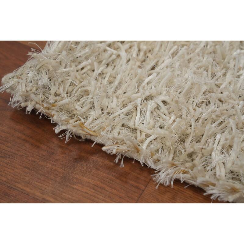 Hand Knotted Oriental Polyester Carpet Modern Solid Beige & Ivories Shaggy Area Rug - 3' 6'' X 1' 10''
