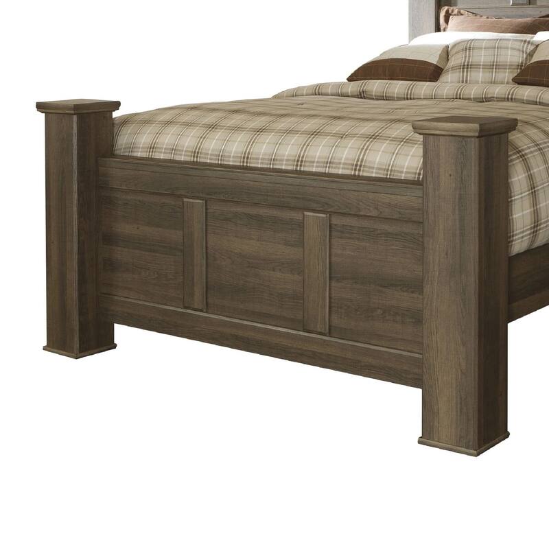 Joi Queen Size Poster Bed, Plank Design, Aged Oak Brown Rough Sawn