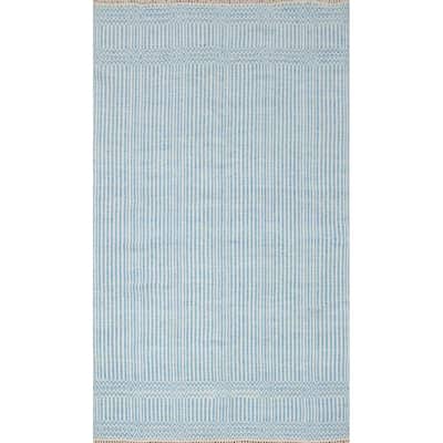 Hand Woven Oriental 100% Wool Carpet Traditional Geometric Navy Blue & Blues Durrie-Kilim Area Rug - 8' 4'' X 5' 0''
