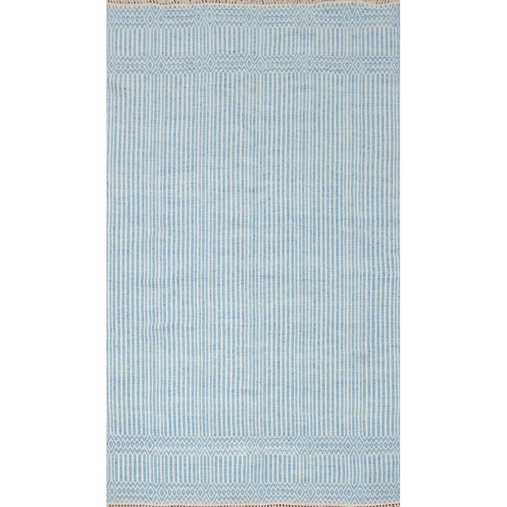 Hand Woven Oriental 100% Wool Carpet Traditional Geometric Navy Blue & Blues Durrie-Kilim Area Rug - 8' 4'' X 5' 0''