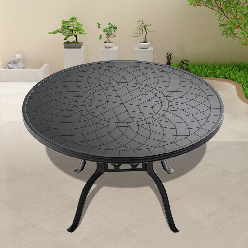 GDFStudio- Hamilton 47-Inch Round Outdoor Dining Table with Carved Texture and Cast Aluminum Frame - Black