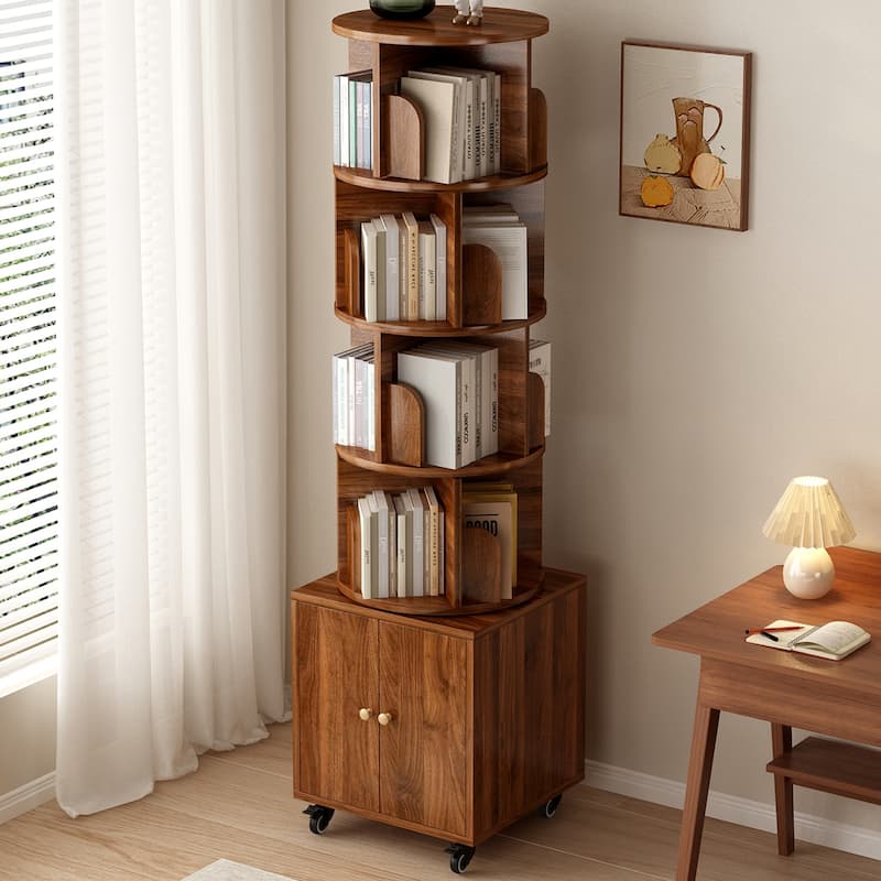 Anmytek 360 Rotating Corner Bookshelf with Wheels Space Saving Storage for Small Rooms