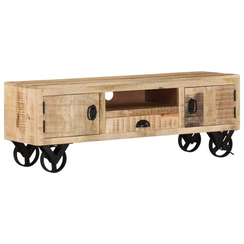vidaXL TV Stand with Wheels 43.3"x11.8"x14.6" Rough Mango Wood - 43.3" x 11.8" x 14.6"