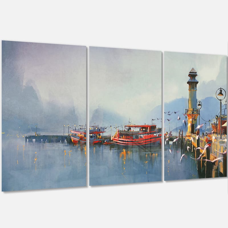 Designart 'Fishing Boats in Harbor' Landscape Metal Wall Art