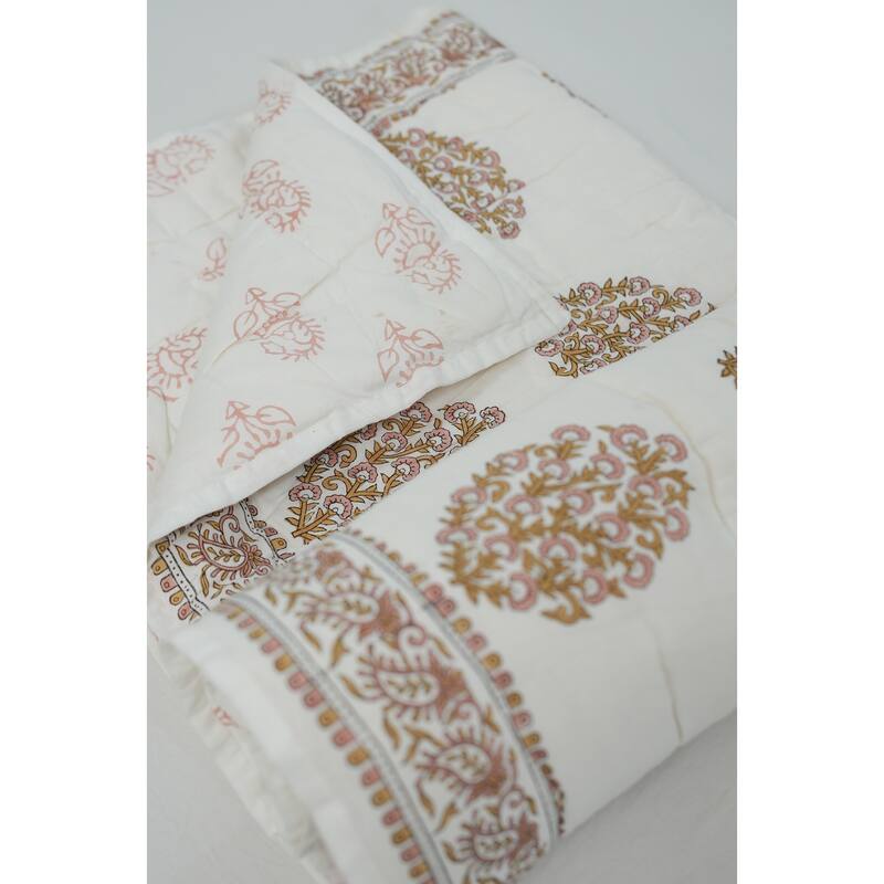 Fabdivine Floral Print Cotton Traditional Bedding Quilt Guldasta Brown Pink, Handmade Reversible Bedspread for Bedroom Decor