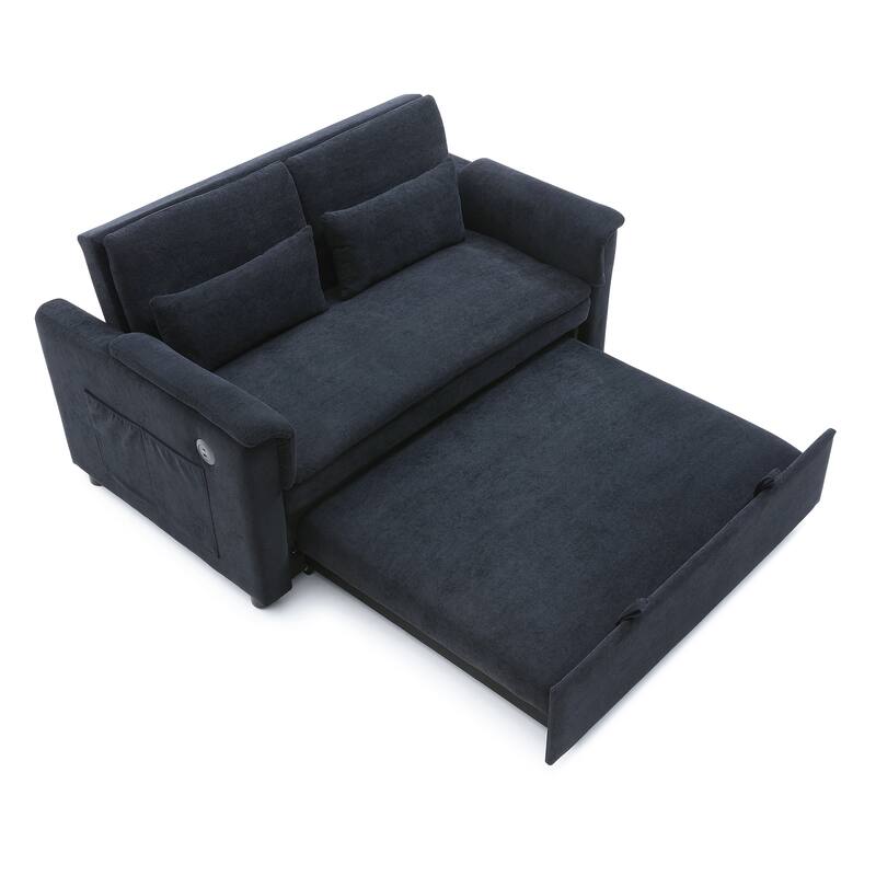 Pull-Out Sofa Bed with USB Ports & Pockets, Reclining Loveseat Sleeper Sofa Couch with Adjustable Backrest