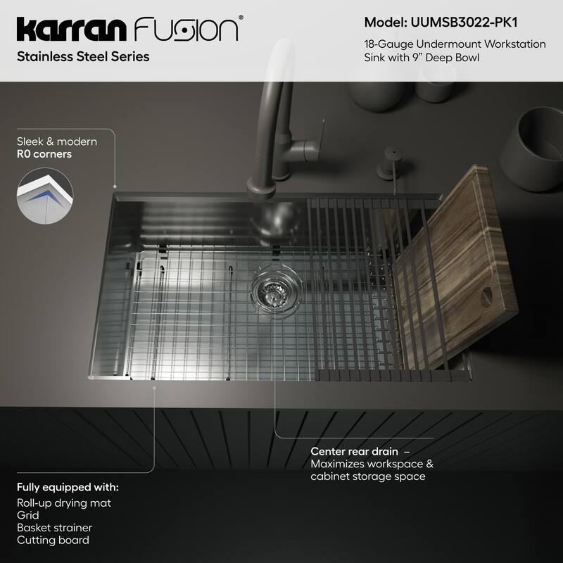 Karran USA UUMSB3022-PK1 Fusion 30-1/2" Undermount Single Basin