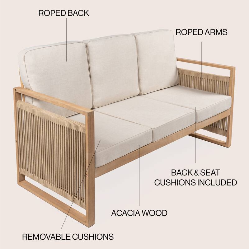 Saranac 3-Seat Mid-Century Modern Roped Acacia Wood Outdoor Sofa with Cushions, by JONATHAN Y