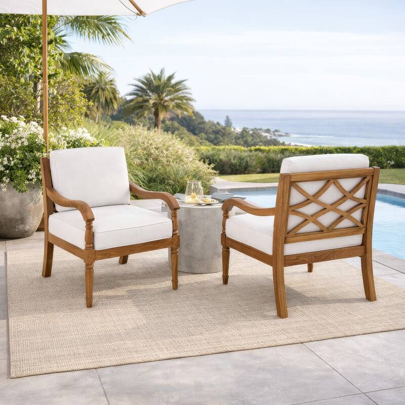 Pena Outdoor Club Armchair Set of 2, White Linen, Brown Acacia Wood