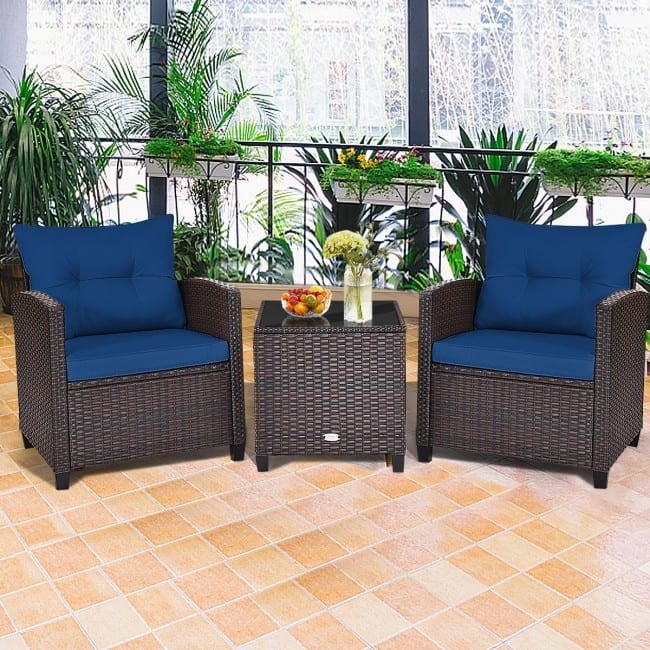 3 Pieces Rattan Patio Furniture Set with Washable Cushion - Chair: 26.5" x 26.5" x 30"