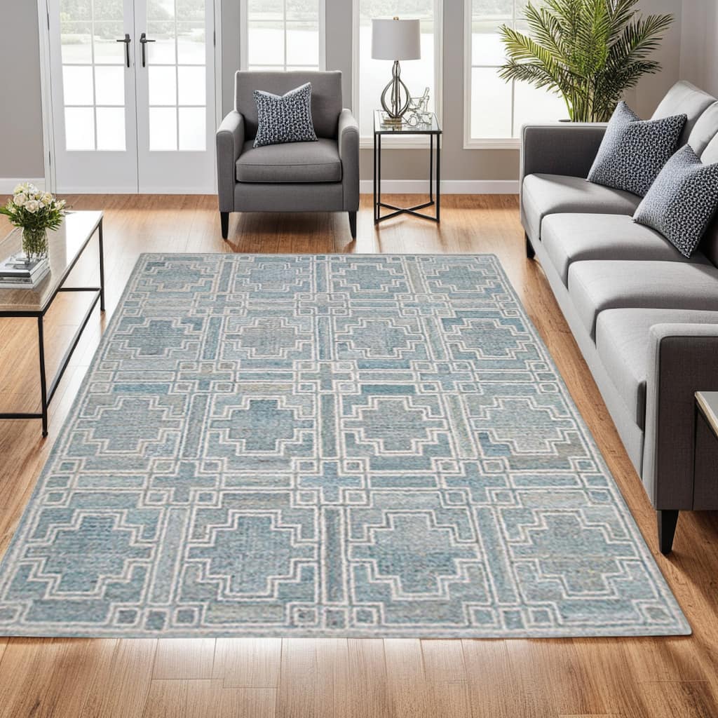 Lesy 8 x 10 Large Area Rug, Hand Tufted Geometric Design, Gray, Ivory Wool - 8 x 10