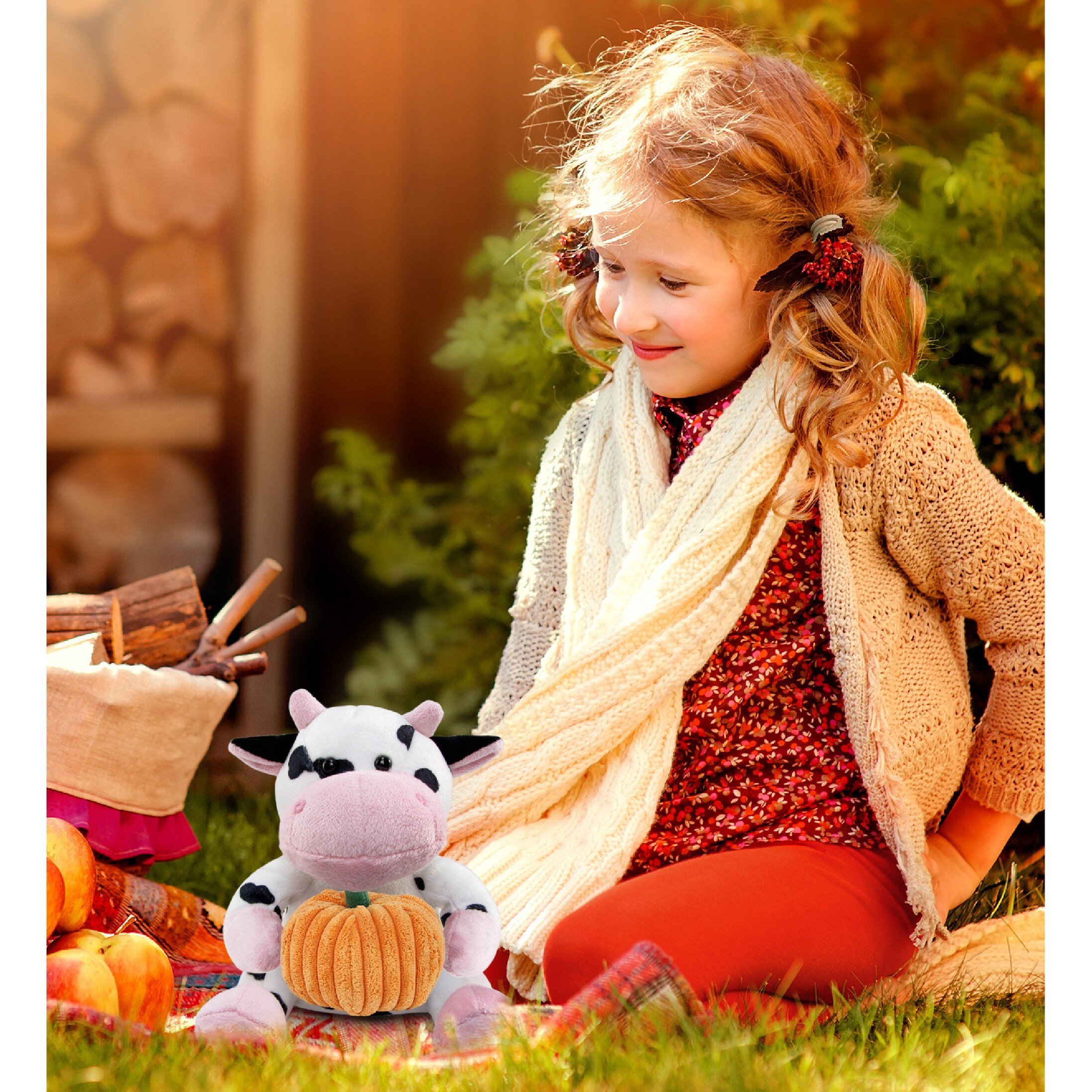 DolliBu Cow Stuffed Animal With Pumpkin - 6 Inch Super Soft Personalized Plush Toy