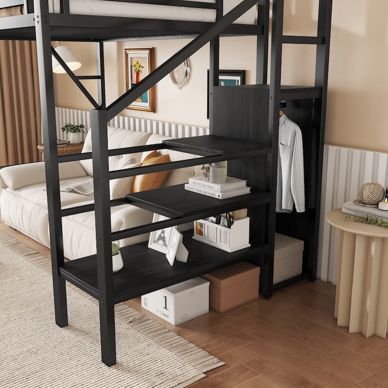 Metal Loft Bed with Wooden Stairs Built-in Storage Shelves and Wardrobe, High Loft Bed Frame with Side Grid Storage Rack