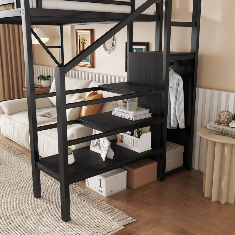 Twin Size Metal Loft Bed with Storage Shelves and Wardrobe, High Loft Bed Frame, Heavy Duty Metal Slat Support, Noise Free