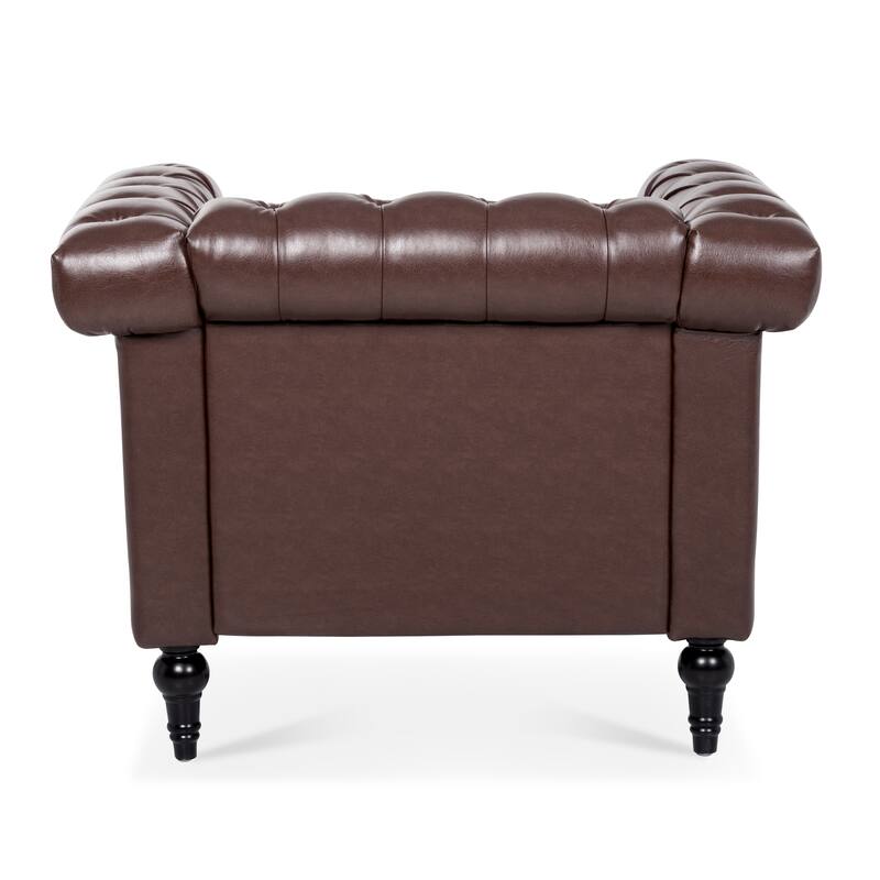 Brown PU 38.98" Buttons Tufted Accent Chair with Birch Legs