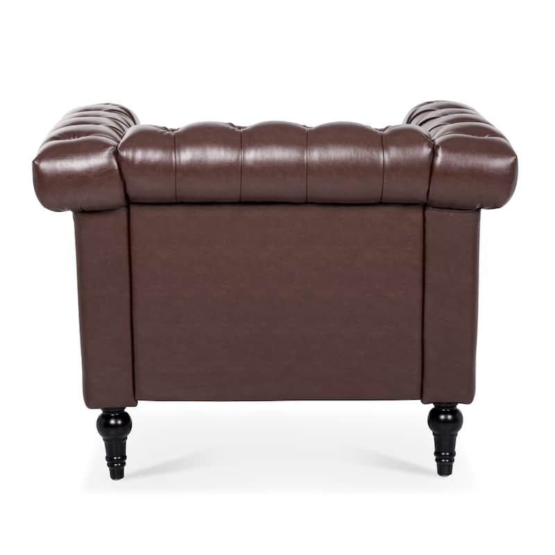 Brown PU Modern 38.98" Upholstered Buttons Tufted Accent Chair with Gourd Shaped Birch Legs and Nailheads
