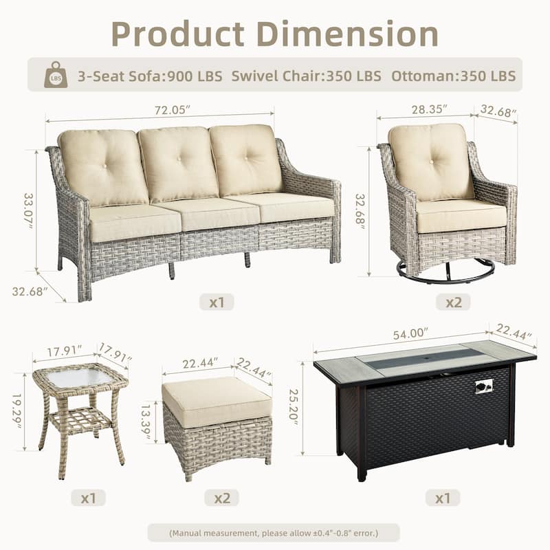 ​​OVIOS 7 Pieces Outdoor Wicker Swivel Chair Set with 54" Fire Table​