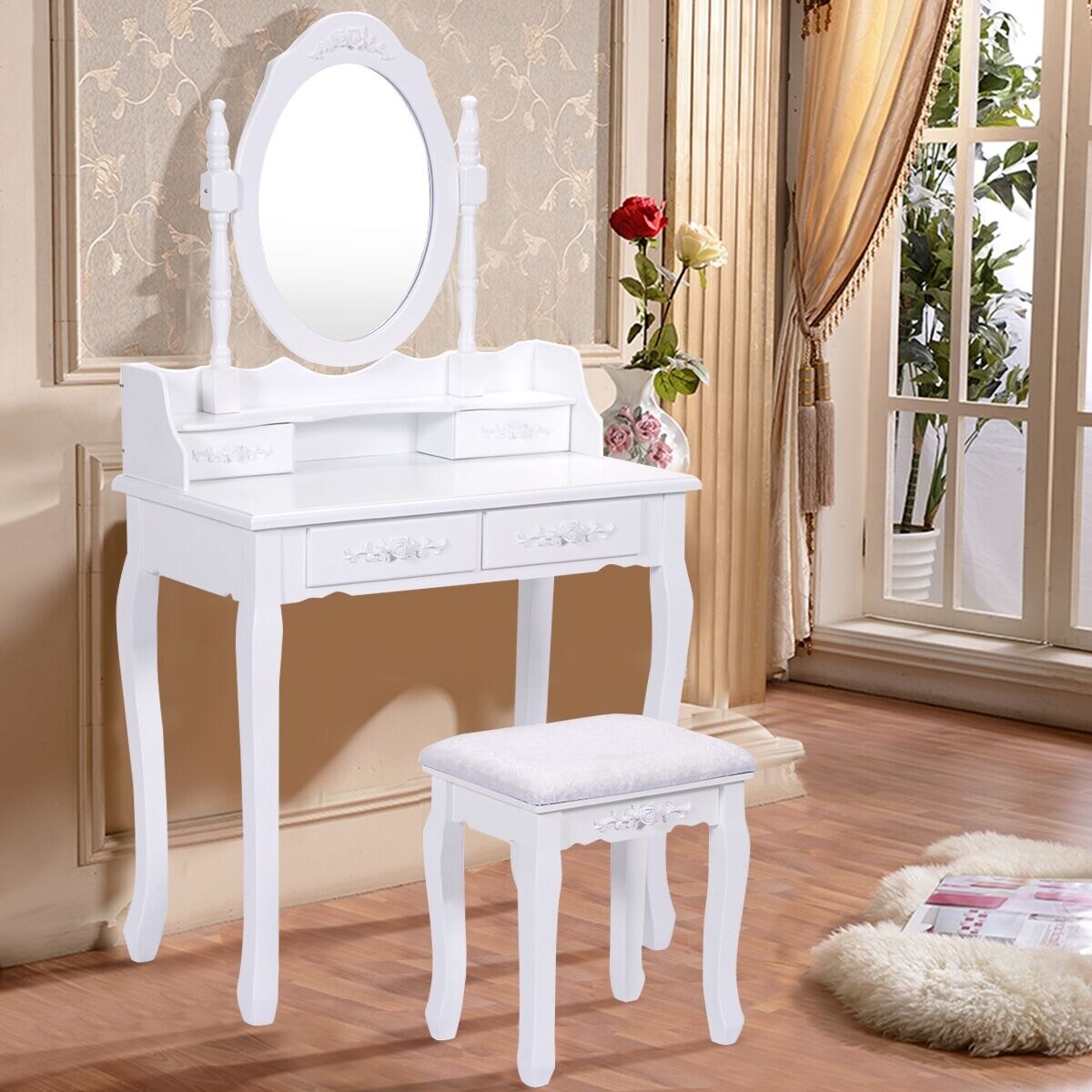 White Vanity Makeup Dressing Table Set w/Stool 5 Drawer&Mirror Jewelry Wood Desk 