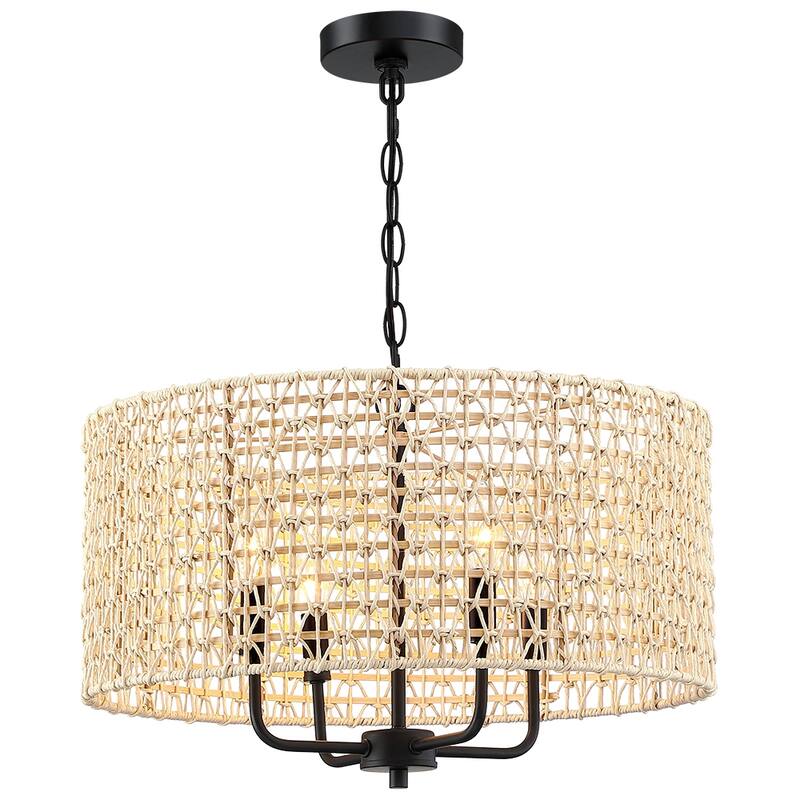 20 in. 4-Light Rattan Tiered Drum Chandelier Light with Black Canopy