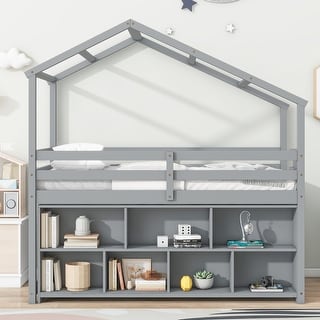 Twin Size House Loft Bed wRoof, Under Bed Shelving Storage Unit, Platform Bed with Guardrails and Ladder, No Box Spring Needed