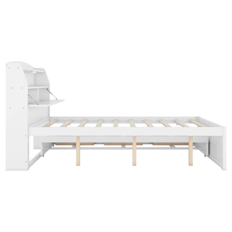 Twin/Full Size LED Platform Bed with Trundle and 3 Drawers Underneath, Wooden Storage Bed Frame w/ Headboard Storage & LED Light