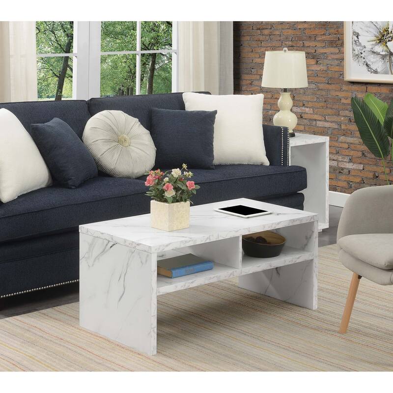 Convenience Concepts Northfield Admiral Deluxe Coffee Table with Shelves - White Faux Marble