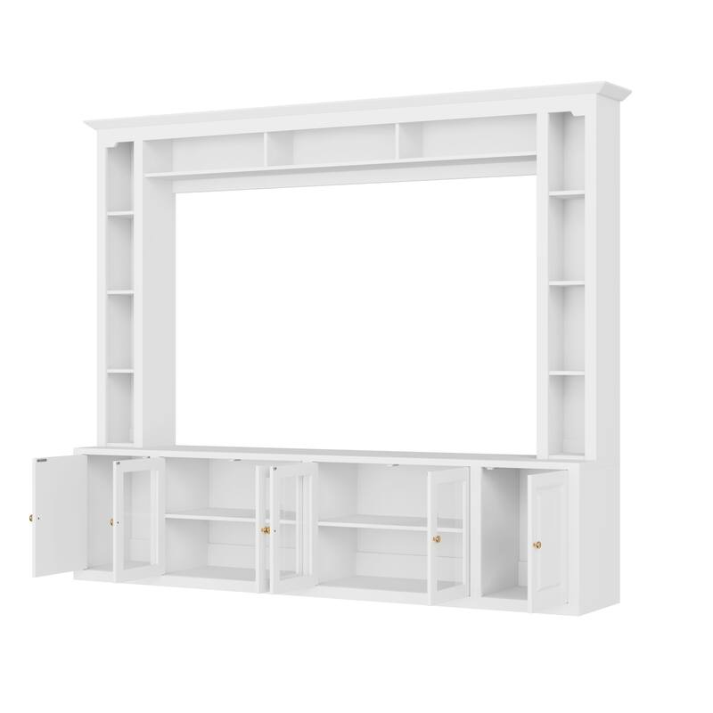 4-Piece Modern TV Stand, for 80/92-Inch TVs with Bookshelves and Adjustable Shelves, for Living Rooms, White