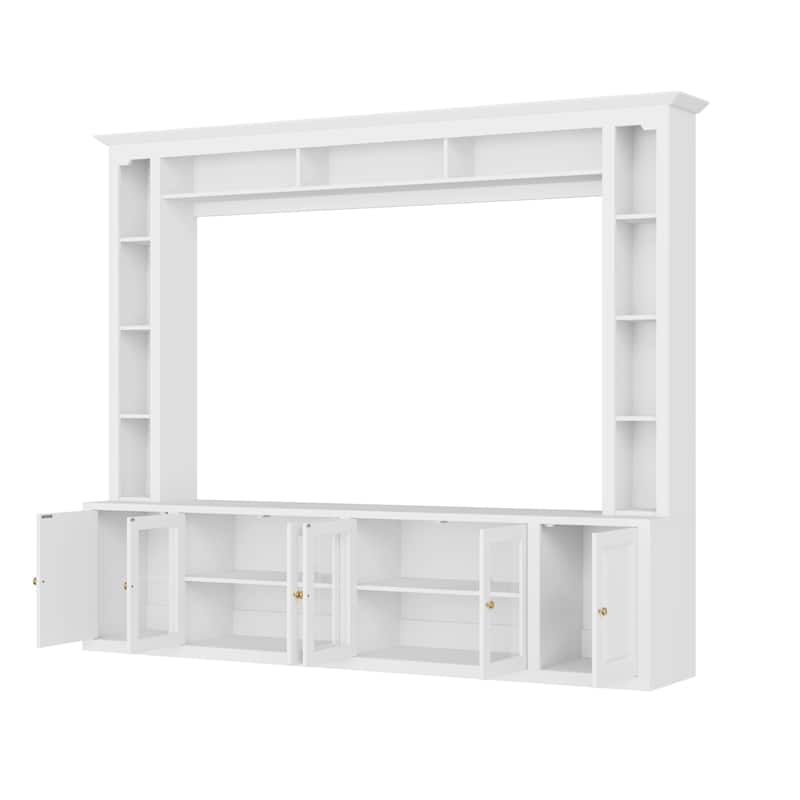 92 inch Media Console TV Stand for TVs up to 80", Modern Entertainment Wall Unit with Bookshelves & Tempered Glass Doors