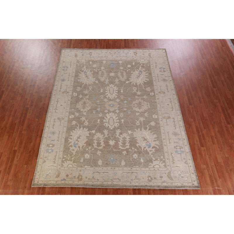 Hand Knotted Oriental 100% Wool Carpet Transitional Floral Brown Oushak Area Rug - 12' 0'' X 9' 4''