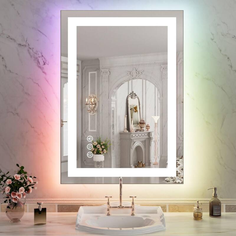KIOTEE Rectangular LED Frontlit & RGB Backlit Anti-Fog Tempered Glass Bathroom Vanity Mirror with ETL and 3-Year Warranty
