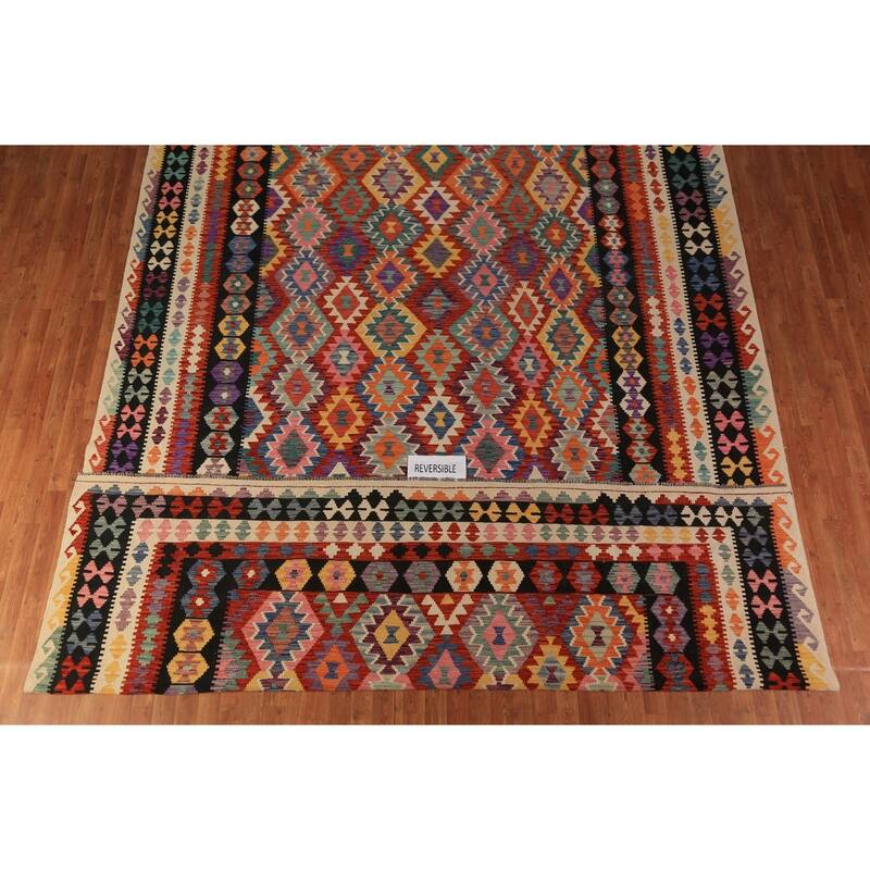 All-Over Geometric Kilim Oriental Large Rug Flatweave Wool Carpet - 10'1"x 15'11"