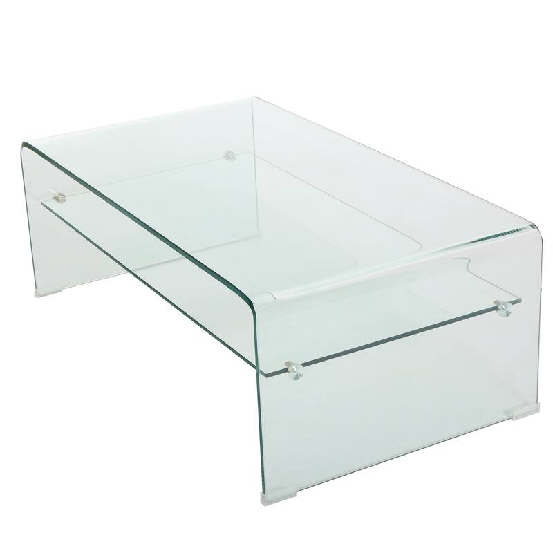 Roomfitters Modern Tempered Glass Coffee Table with 12 mm Bent Top & 8 mm Shelf, Clear Minimalist Living Room Table