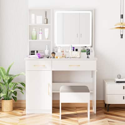 Makeup Vanity Desk with Mirror & Lights, Dressing Table with Power Outlet, 3 Light Modes, Drawers and Storage Stool