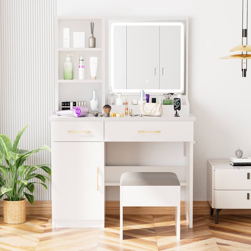 Makeup Vanity Desk with Mirror and Lights, Vanity Table with Power Outlet and 3 Lighting Modes, Dressing Table Set with Stool