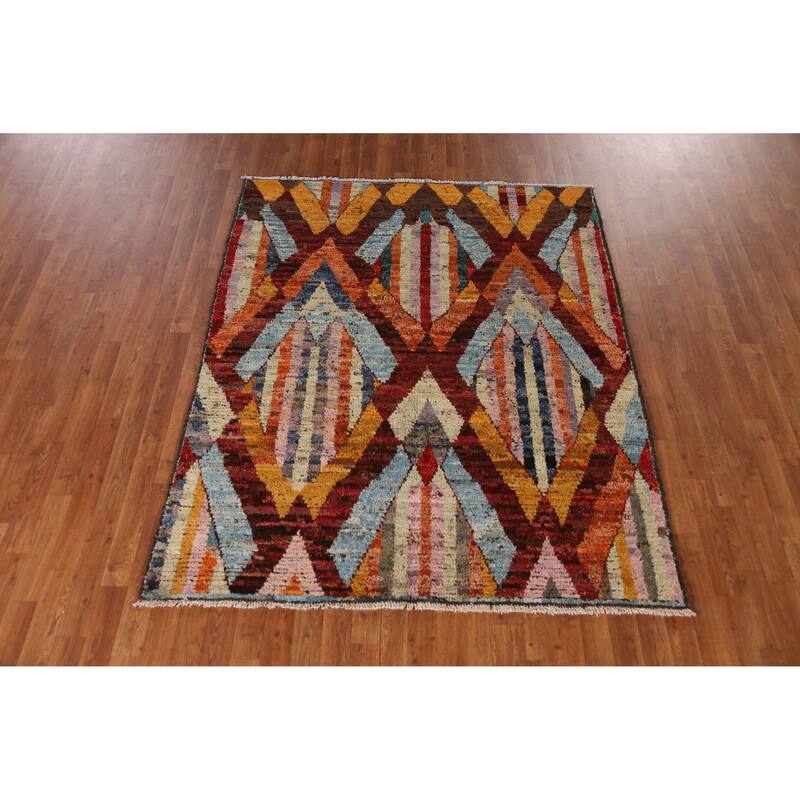 Geometric Moroccan Oriental Rug Hand-Knotted Wool Carpet - 5'3" x 6'5"