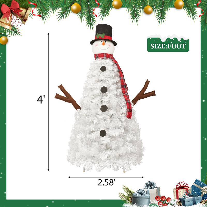4 FT Pre-lit Hinged Full Tree, Snowman-Shaped Artificial Christmas Tree with LED Lights and 380 Branch Tips for Festival