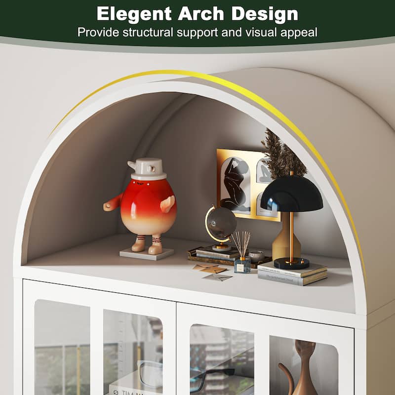 73.6-Inch Arched Metal Storage Display Cabinet with Glass Doors