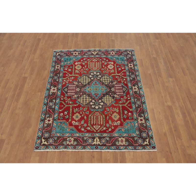 Hand Knotted Oriental 100% Wool Carpet Traditional Floral Red Tabriz Area Rug - 5' 11'' X 4' 6''