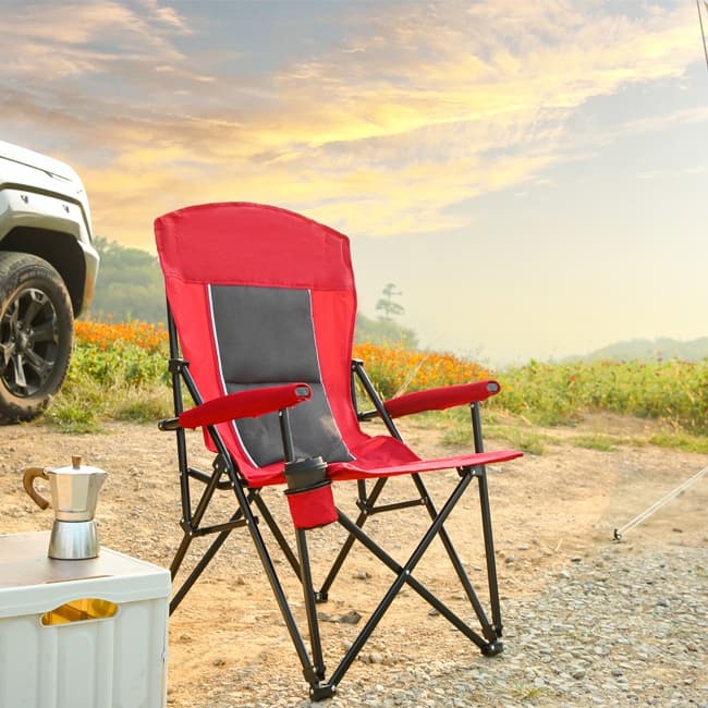 High-Back Heavy-Duty Lawn Chair Supports 250 Lbs, Portable Collapsible Design With Cup Holder - Red