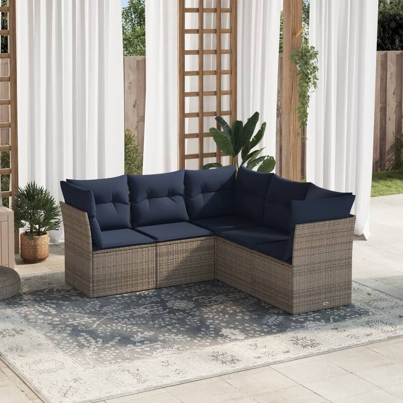 vidaXL 5/6 Piece Patio Sofa Set with Cushions Brown/Gray Poly Rattan - 24.4 x 24.4 x 27.2 - Beige and gray Without table