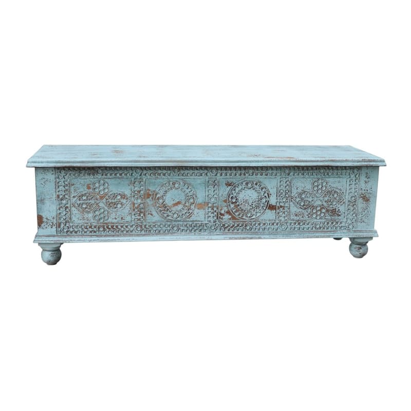 HomeRoots 54" Aqua Carved And Distressed Solid Wood Lift Top Coffee Table - 54 in. x 16 in. x 18 in.