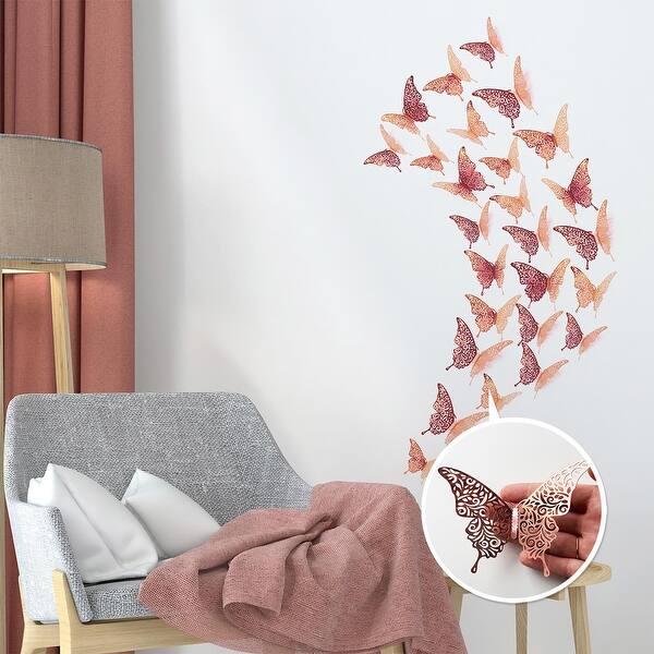 WALPLUS Floral 3D Butterflies Rose Gold Wall Decals Stickers Home Decor