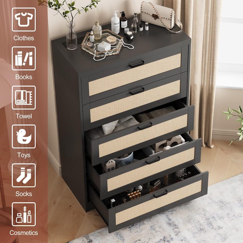 5 Drawers Tall Rattan Dresser, with Wide Top and Handles