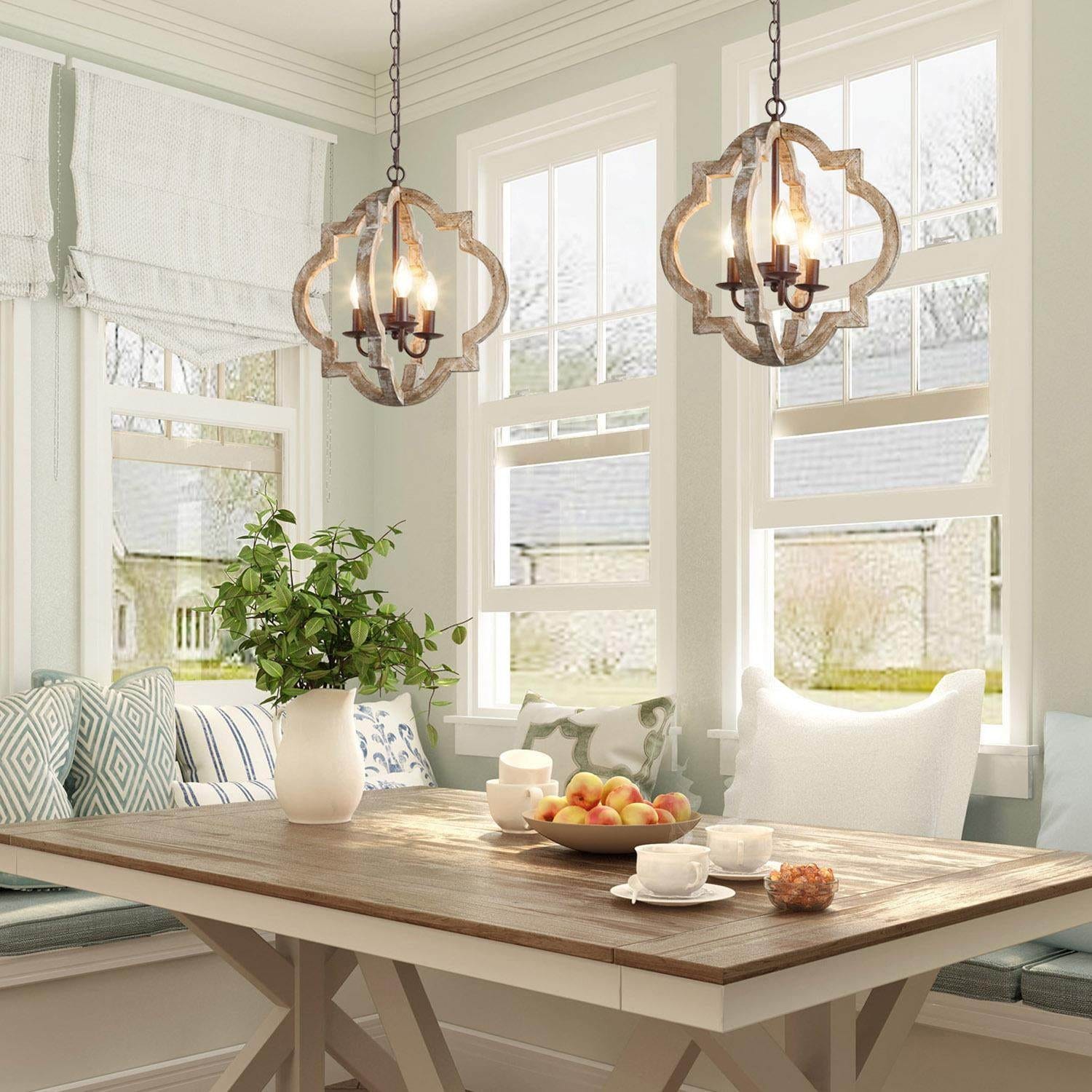 Farmhouse Rustic Wood Lantern Chandelier for Kitchen Island Dining Room