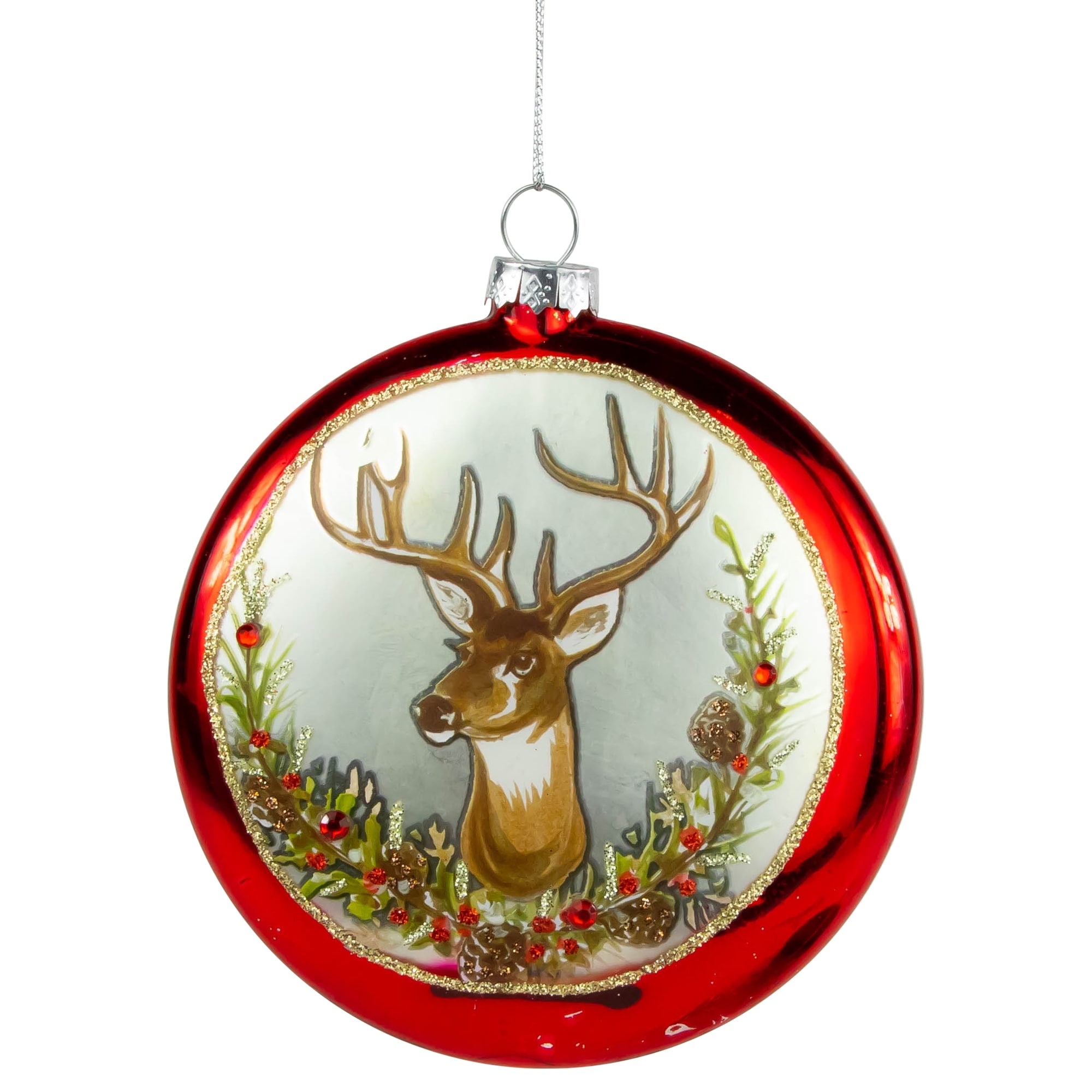 Glittered Reindeer with Wreath Glass Disc Christmas Ornament 4" Red