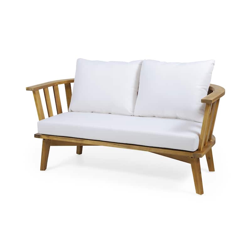 Roomfitters Outdoor Wooden Loveseat with Cushions, White and Teak Finish, Weather-Resistant Teak Wood