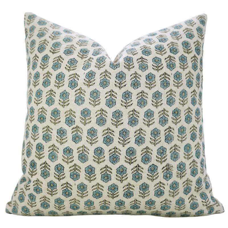 Fabdivine Blue Home Accent Pillow Cover with Floral Block Print for Farmhouse Fall or Dining Décor Linen 26x26 Inch, Tulsi Buti