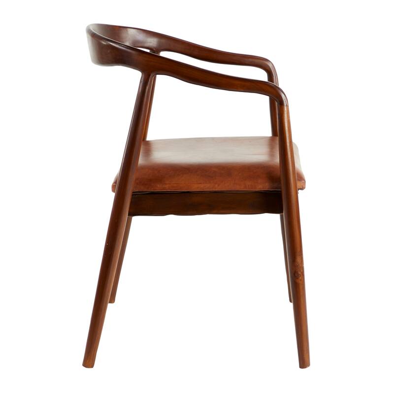 Brown Teak Wood Handmade Rounded Dining Chair with Leather Cushion - 20 x 21 x 32